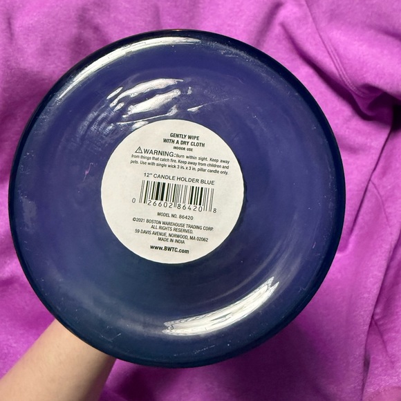 Blue Glass 12” Candle Holder.  Metal plate at top. Design element - Picture 4 of 5